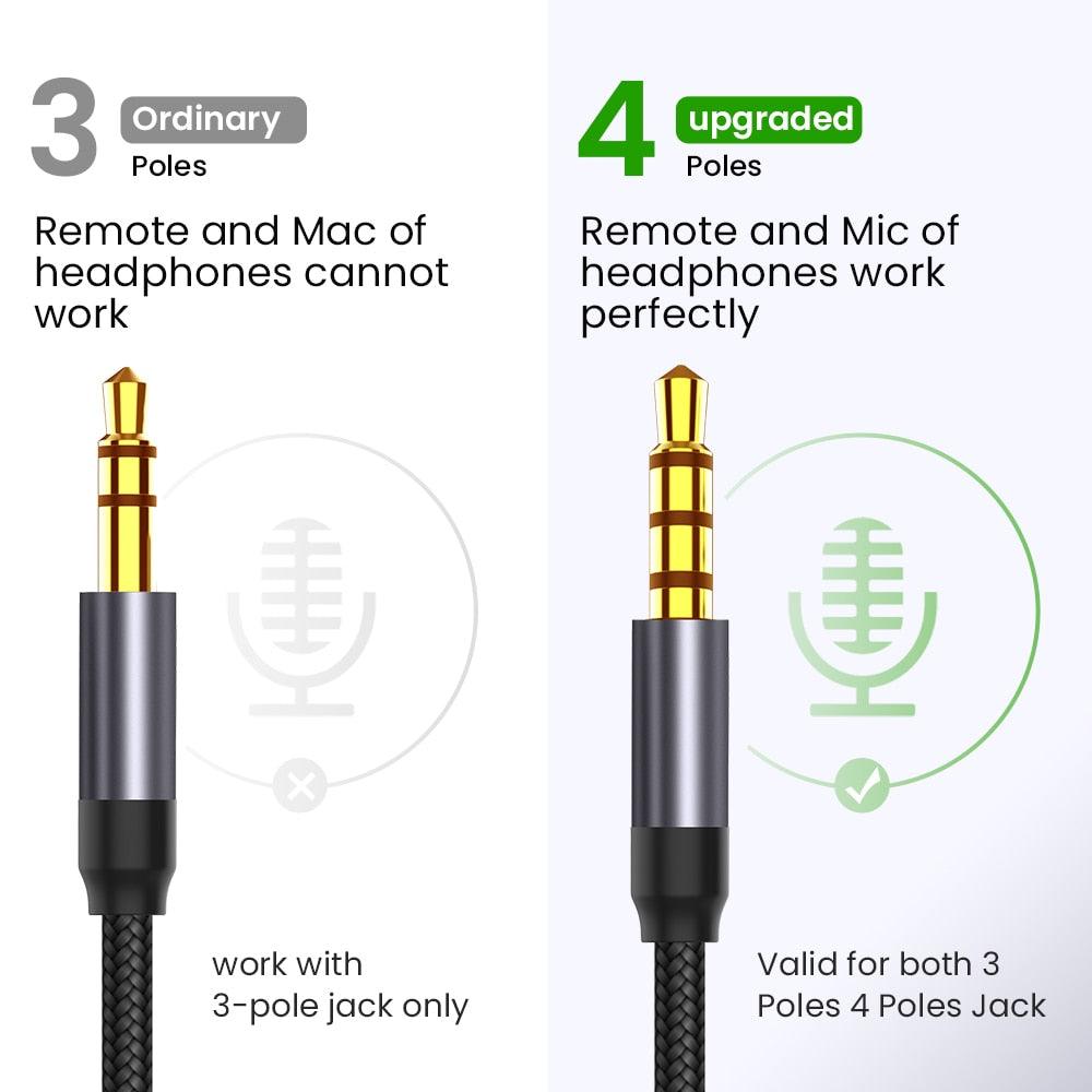 Nylon Braid 4 Poles 3.5MM Audio Aux Cable Jack For Headphone Speaker Line  Car PC Mp3 Mp4