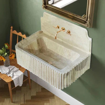 Oasis Beige Travertine Wall-mount Bathroom Vanity Sink Fluted (W)16
