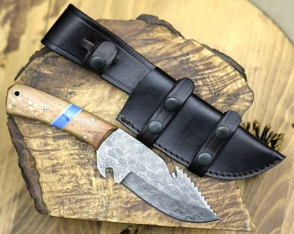 Oasis Damascus Gut Hook Knife with Exotic Leopard Wood Handle - Gifts for You 'n Me
