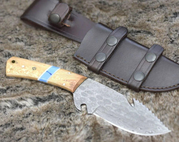 Oasis Damascus Gut Hook Knife with Exotic Leopard Wood Handle - Gifts for You 'n Me