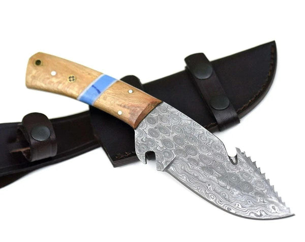 Oasis Damascus Gut Hook Knife with Exotic Leopard Wood Handle - Gifts for You 'n Me