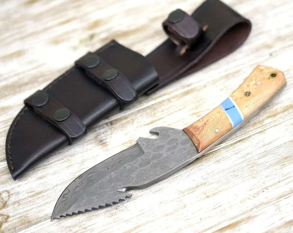 Oasis Damascus Gut Hook Knife with Exotic Leopard Wood Handle - Gifts for You 'n Me