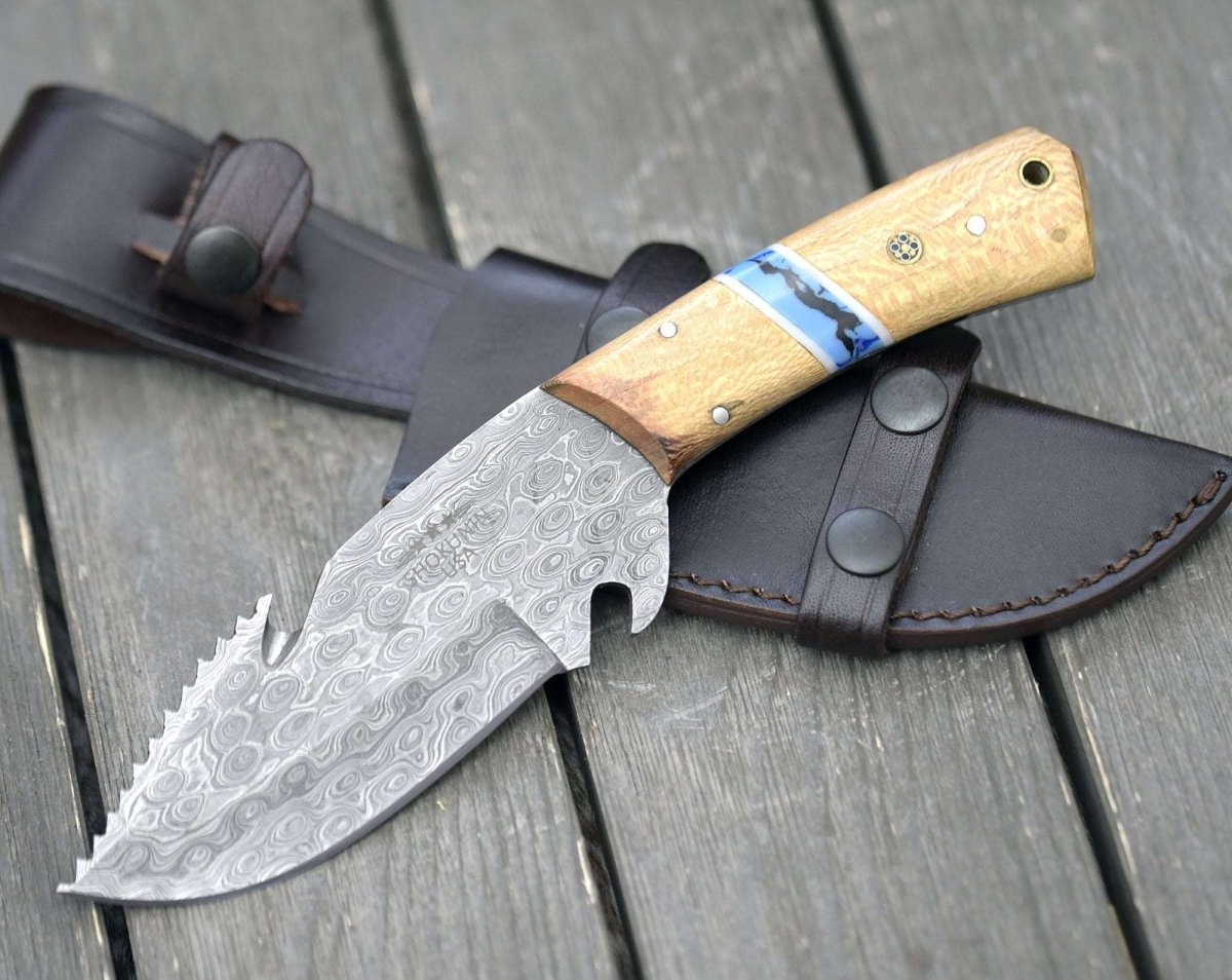 Oasis Damascus Gut Hook Knife with Exotic Leopard Wood Handle