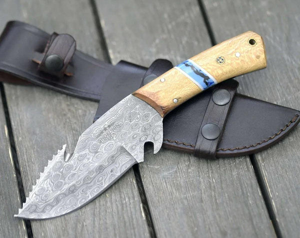 Oasis Damascus Gut Hook Knife with Exotic Leopard Wood Handle - Gifts for You 'n Me