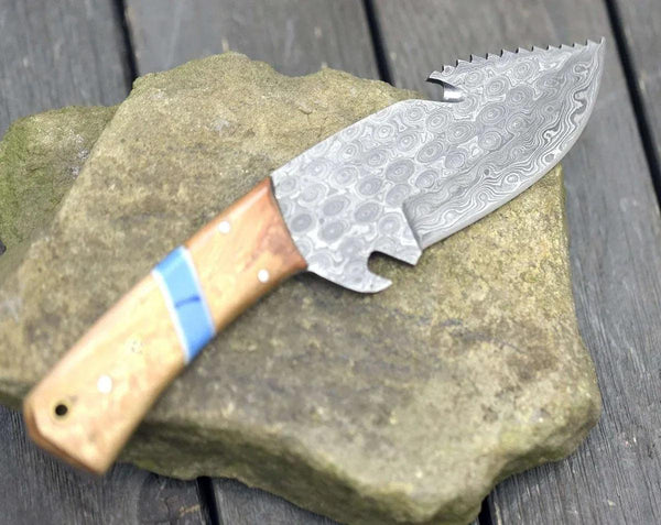 Oasis Damascus Gut Hook Knife with Exotic Leopard Wood Handle - Gifts for You 'n Me
