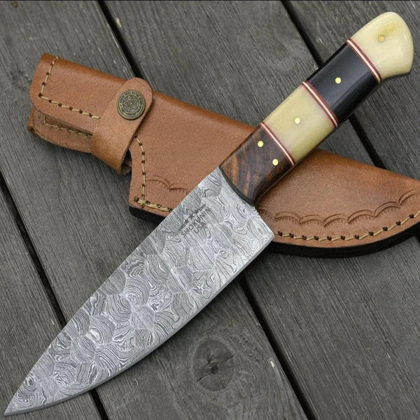 Obsidian Damascus Chef Knife with Horn & Bone Handle - Gifts for You 'n Me