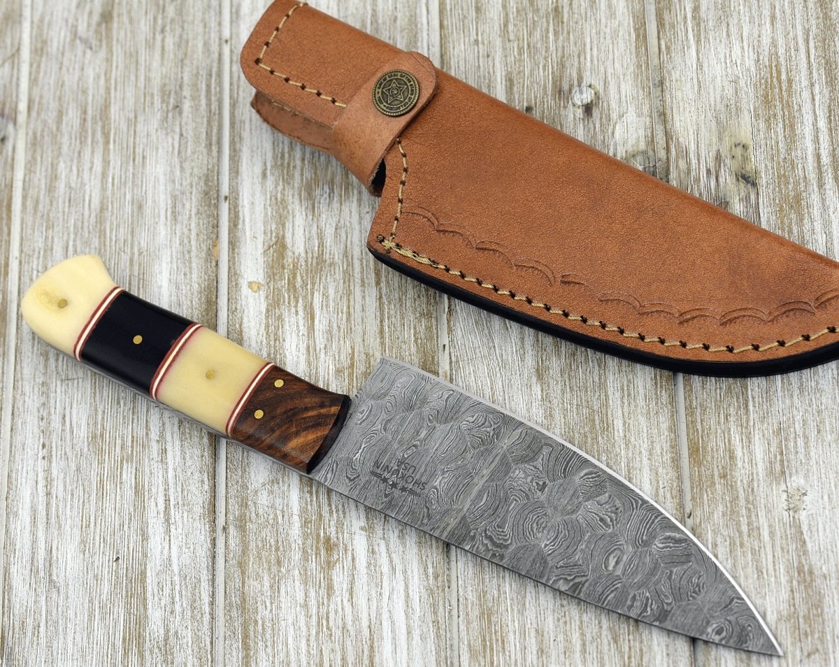 Obsidian Damascus Chef Knife with Horn & Bone Handle