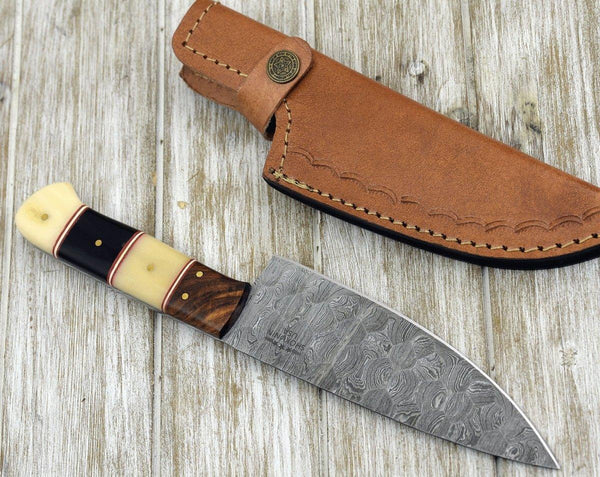 Obsidian Damascus Chef Knife with Horn & Bone Handle - Gifts for You 'n Me