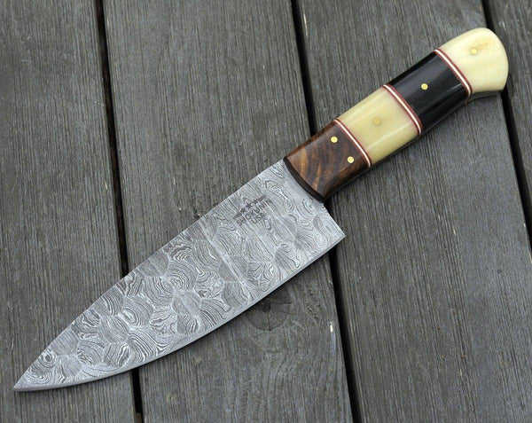 Obsidian Damascus Chef Knife with Horn & Bone Handle - Gifts for You 'n Me