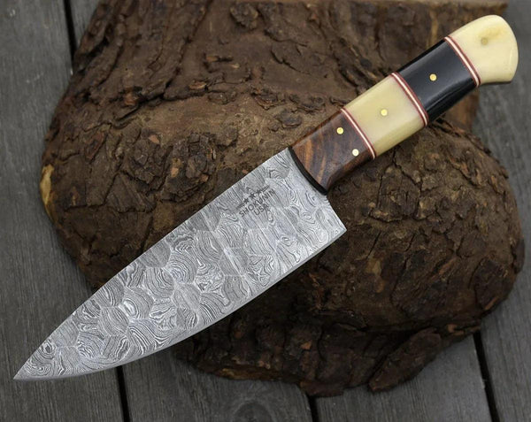 Obsidian Damascus Chef Knife with Horn & Bone Handle - Gifts for You 'n Me