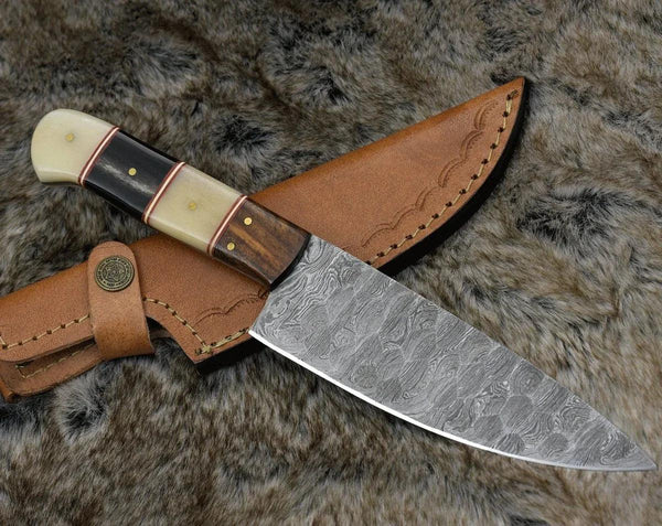 Obsidian Damascus Chef Knife with Horn & Bone Handle - Gifts for You 'n Me