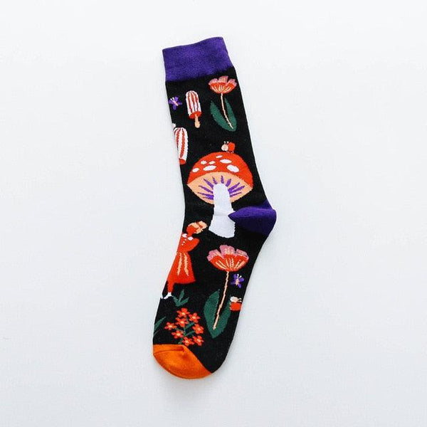 Occident Fashion Colorful Print Socks Women with Mushroom Spring Woman Socks Breathable Cotton Socks For Women