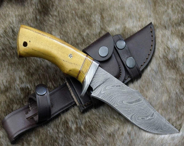 Odyssey Damascus Hunting Knife with Exotic Yellow Heart Handle - Gifts for You 'n Me