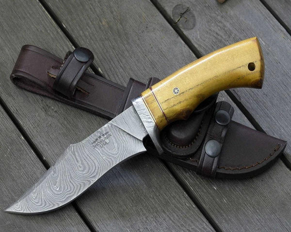 Odyssey Damascus Hunting Knife with Exotic Yellow Heart Handle - Gifts for You 'n Me