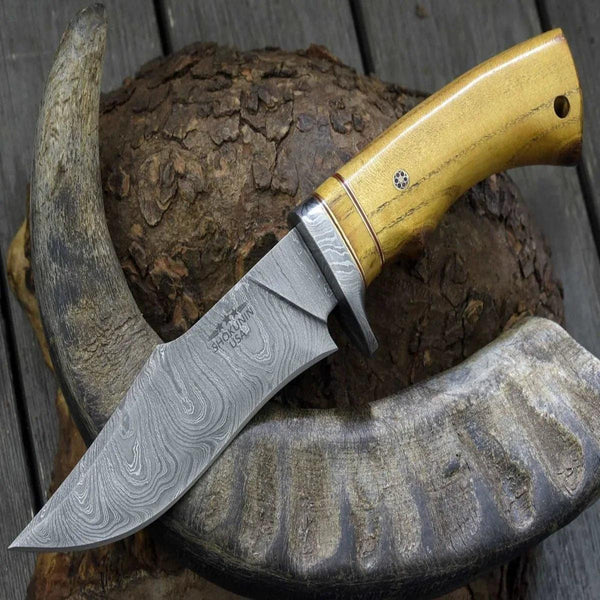 Odyssey Damascus Hunting Knife with Exotic Yellow Heart Handle - Gifts for You 'n Me