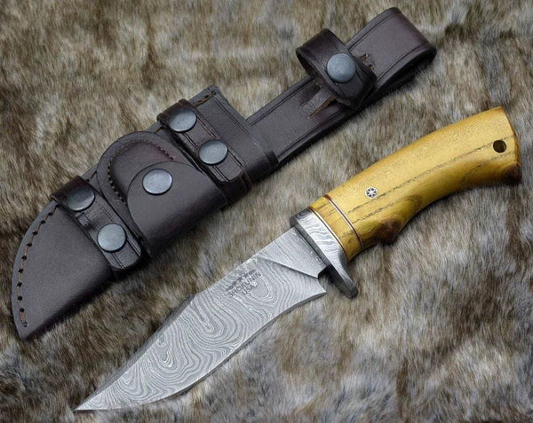 Odyssey Damascus Hunting Knife with Exotic Yellow Heart Handle - Gifts for You 'n Me