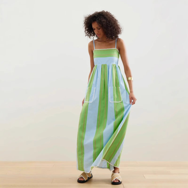 Off shoulder camisole striped printed fairy style long dress with a large swing for women