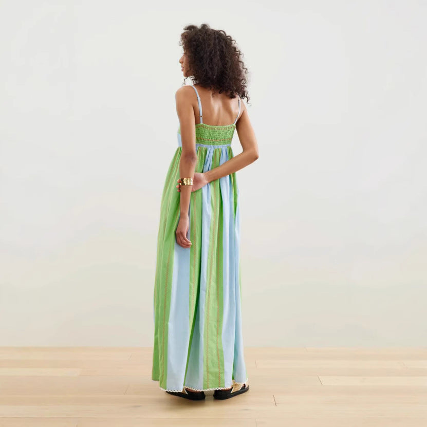 Off shoulder camisole striped printed fairy style long dress with a large swing for women