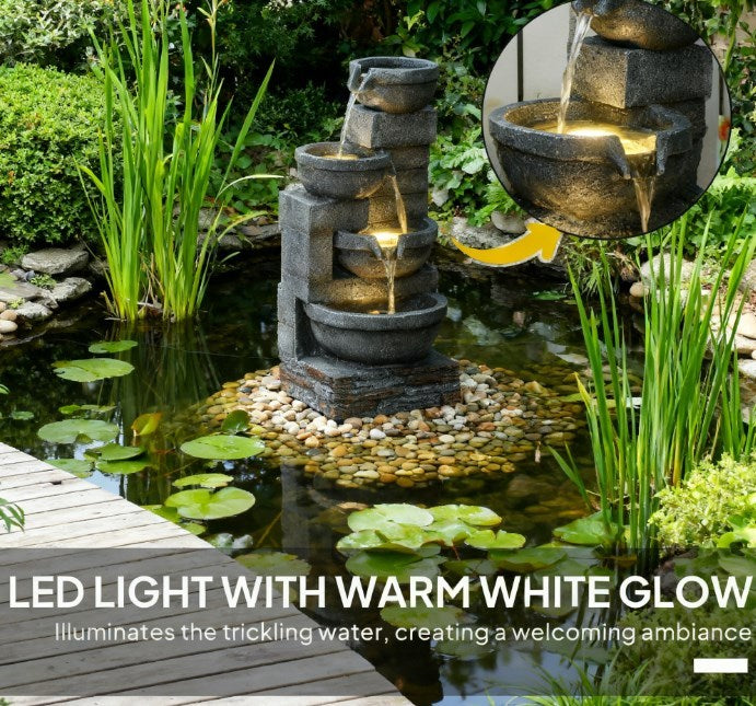Resin Offset Bowl Cascading Outdoor Water Fountain with LED