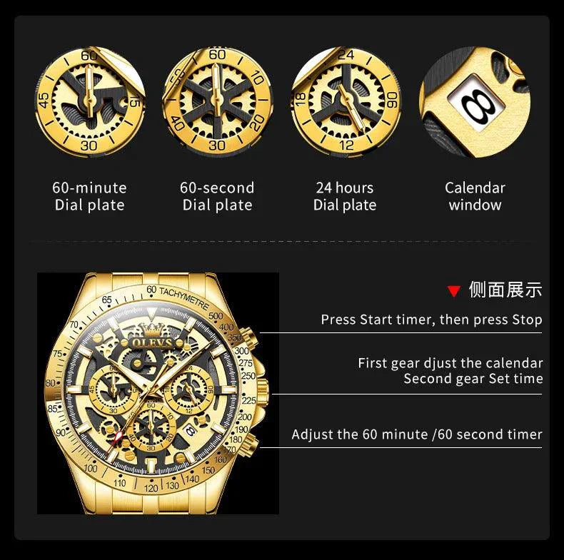 OLEVS Lxuxry Brand Gold Men's Watches Full Skeleton Stainless steel Chronograph Wristwatch Waterproof Luminous Quartz Watch Men