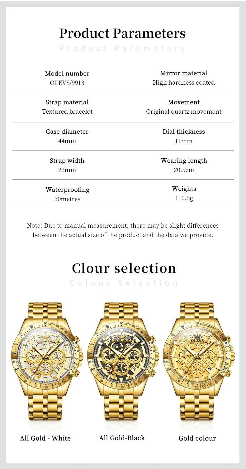 OLEVS Lxuxry Brand Gold Men's Watches Full Skeleton Stainless steel Chronograph Wristwatch Waterproof Luminous Quartz Watch Men