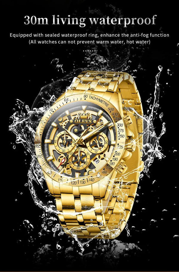 OLEVS Lxuxry Brand Gold Men's Watches Full Skeleton Stainless steel Chronograph Wristwatch Waterproof Luminous Quartz Watch Men