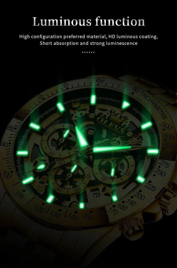 OLEVS Lxuxry Brand Gold Men's Watches Full Skeleton Stainless steel Chronograph Wristwatch Waterproof Luminous Quartz Watch Men