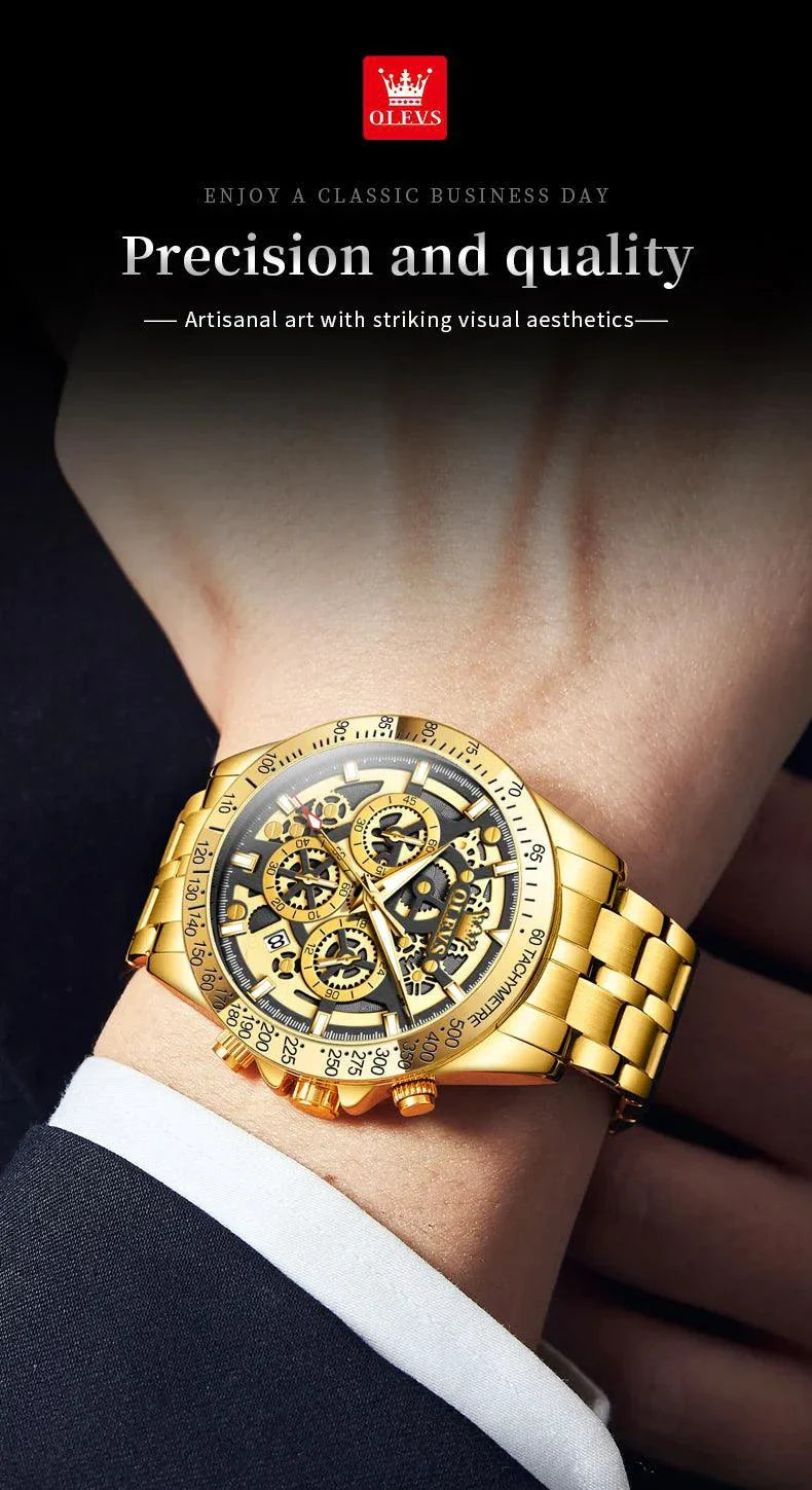 OLEVS Lxuxry Brand Gold Men's Watches Full Skeleton Stainless steel Chronograph Wristwatch Waterproof Luminous Quartz Watch Men