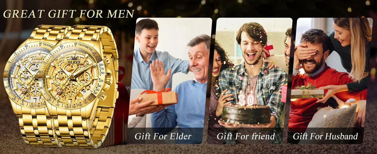 OLEVS Lxuxry Brand Gold Men's Watches Full Skeleton Stainless steel Chronograph Wristwatch Waterproof Luminous Quartz Watch Men