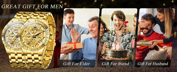 OLEVS Lxuxry Brand Gold Men's Watches Full Skeleton Stainless steel Chronograph Wristwatch Waterproof Luminous Quartz Watch Men