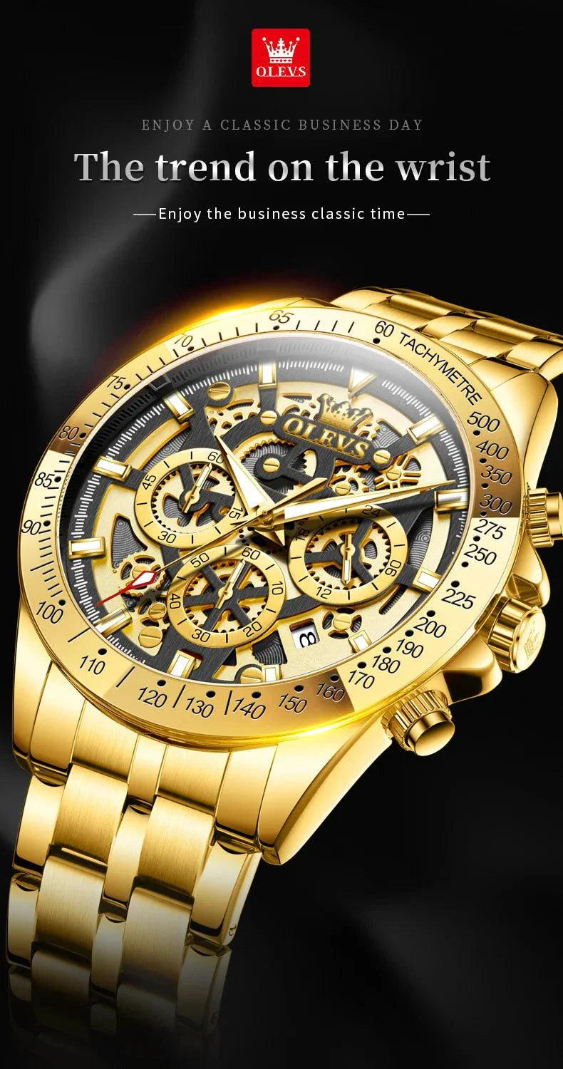 OLEVS Lxuxry Brand Gold Men's Watches Full Skeleton Stainless steel Chronograph Wristwatch Waterproof Luminous Quartz Watch Men