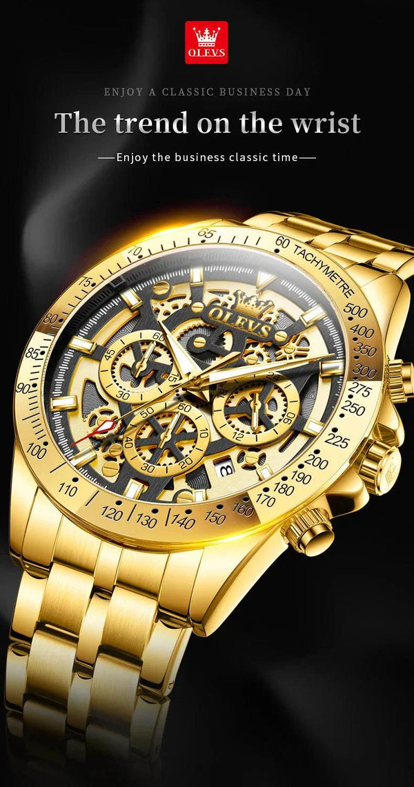 OLEVS Lxuxry Brand Gold Men's Watches Full Skeleton Stainless steel Chronograph Wristwatch Waterproof Luminous Quartz Watch Men