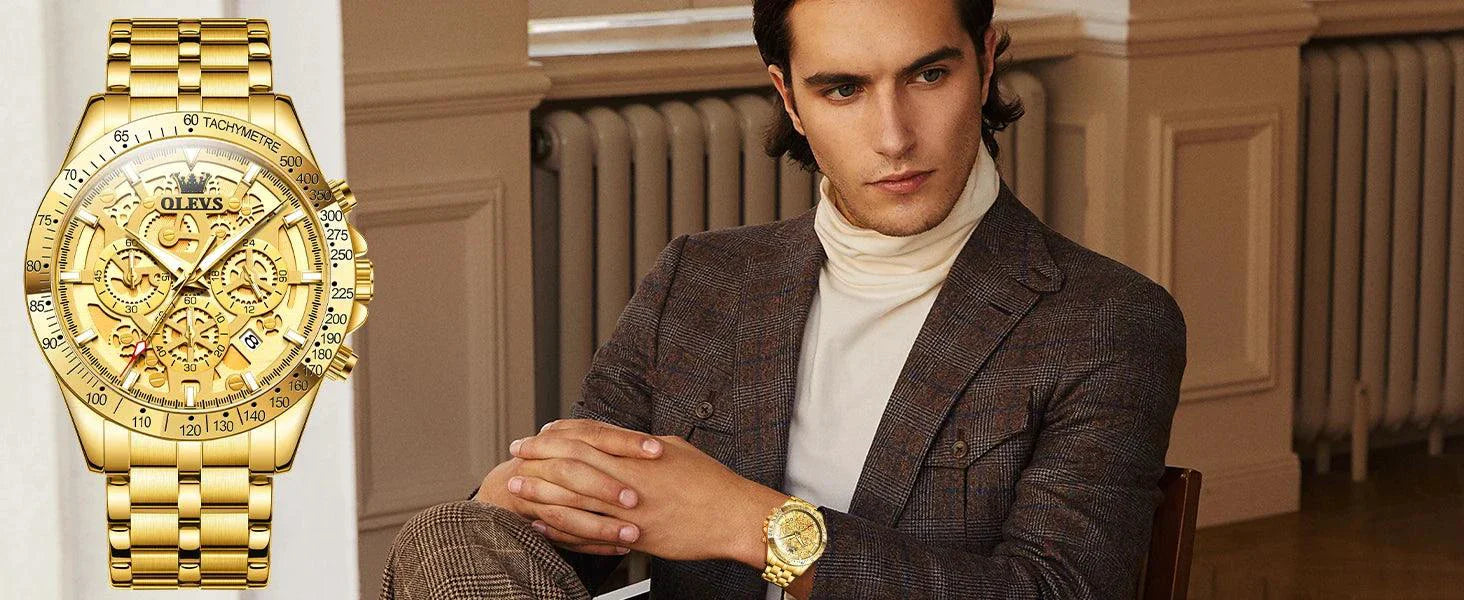 OLEVS Lxuxry Brand Gold Men's Watches Full Skeleton Stainless steel Chronograph Wristwatch Waterproof Luminous Quartz Watch Men