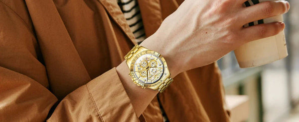 OLEVS Lxuxry Brand Gold Men's Watches Full Skeleton Stainless steel Chronograph Wristwatch Waterproof Luminous Quartz Watch Men