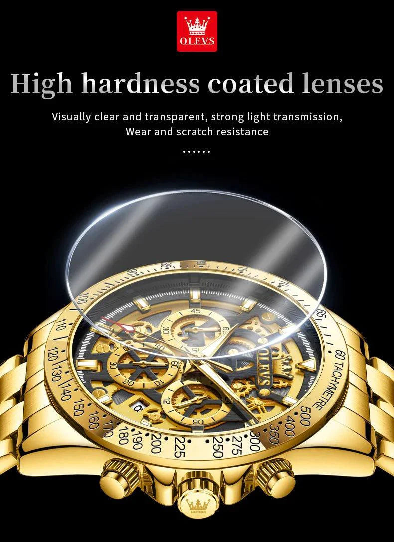 OLEVS Lxuxry Brand Gold Men's Watches Full Skeleton Stainless steel Chronograph Wristwatch Waterproof Luminous Quartz Watch Men