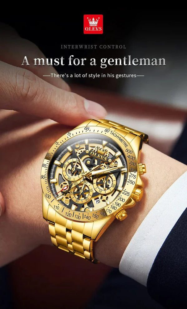 OLEVS Lxuxry Brand Gold Men's Watches Full Skeleton Stainless steel Chronograph Wristwatch Waterproof Luminous Quartz Watch Men