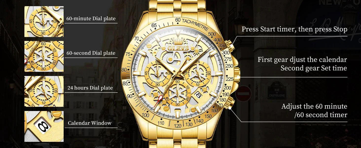 OLEVS Lxuxry Brand Gold Men's Watches Full Skeleton Stainless steel Chronograph Wristwatch Waterproof Luminous Quartz Watch Men