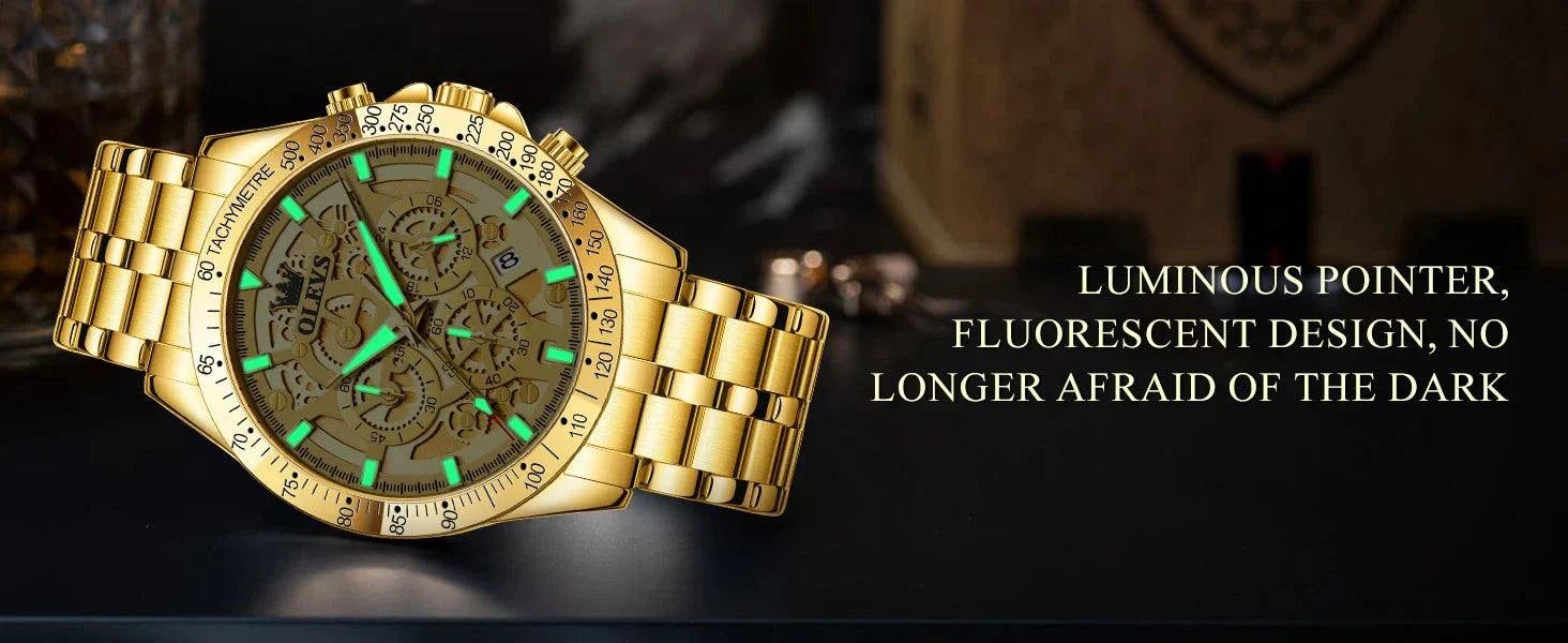 OLEVS Lxuxry Brand Gold Men's Watches Full Skeleton Stainless steel Chronograph Wristwatch Waterproof Luminous Quartz Watch Men