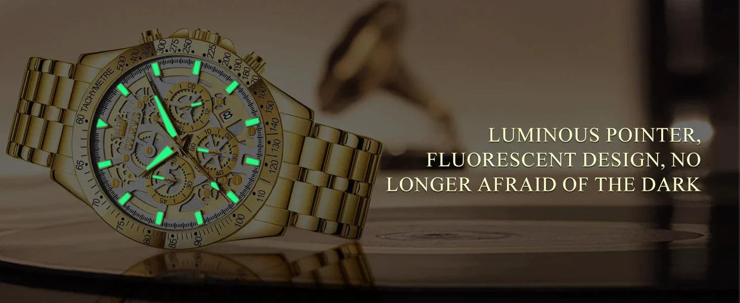 OLEVS Lxuxry Brand Gold Men's Watches Full Skeleton Stainless steel Chronograph Wristwatch Waterproof Luminous Quartz Watch Men