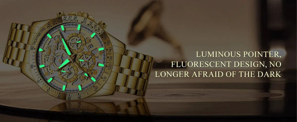 OLEVS Lxuxry Brand Gold Men's Watches Full Skeleton Stainless steel Chronograph Wristwatch Waterproof Luminous Quartz Watch Men