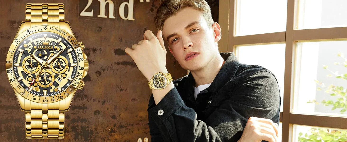 OLEVS Lxuxry Brand Gold Men's Watches Full Skeleton Stainless steel Chronograph Wristwatch Waterproof Luminous Quartz Watch Men