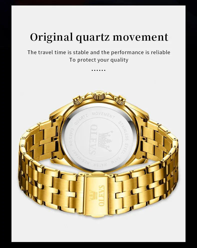 OLEVS Lxuxry Brand Gold Men's Watches Full Skeleton Stainless steel Chronograph Wristwatch Waterproof Luminous Quartz Watch Men