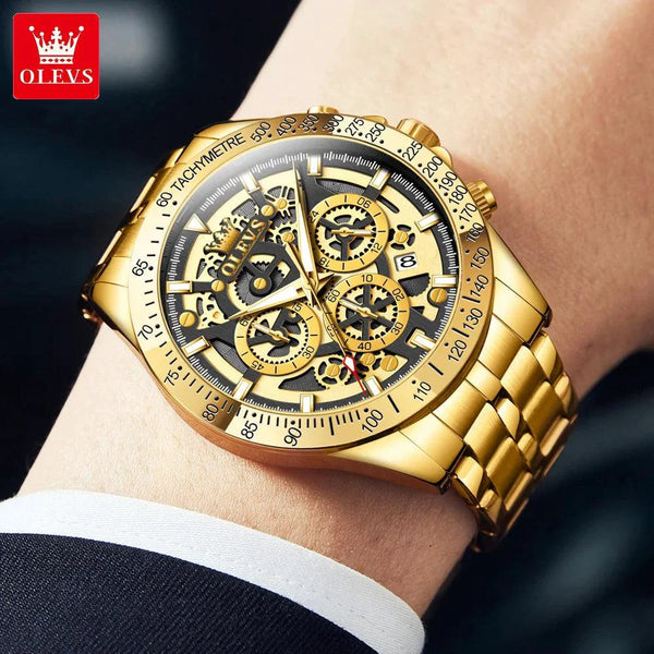 OLEVS Lxuxry Brand Gold Men's Watches Full Skeleton Stainless steel Chronograph Wristwatch Waterproof Luminous Quartz Watch Men