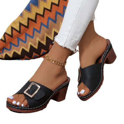 Open Toe Block Heel Buckle Sandals