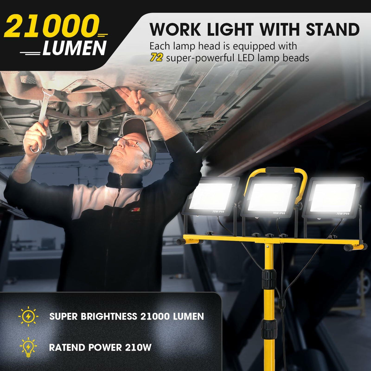 21000Lumen LED Work Lights with Stand - 3 Head Portable Work Light