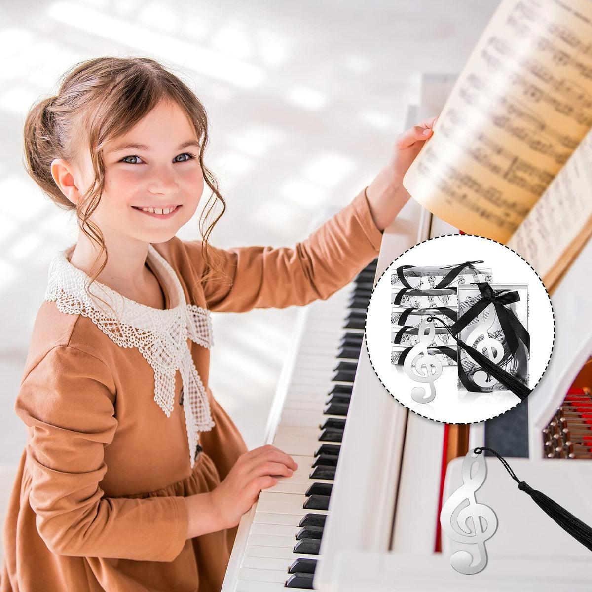 100 Pcs Musical Notes Bookmarks with Elegant Silk Tassel Music Party Favors Gift