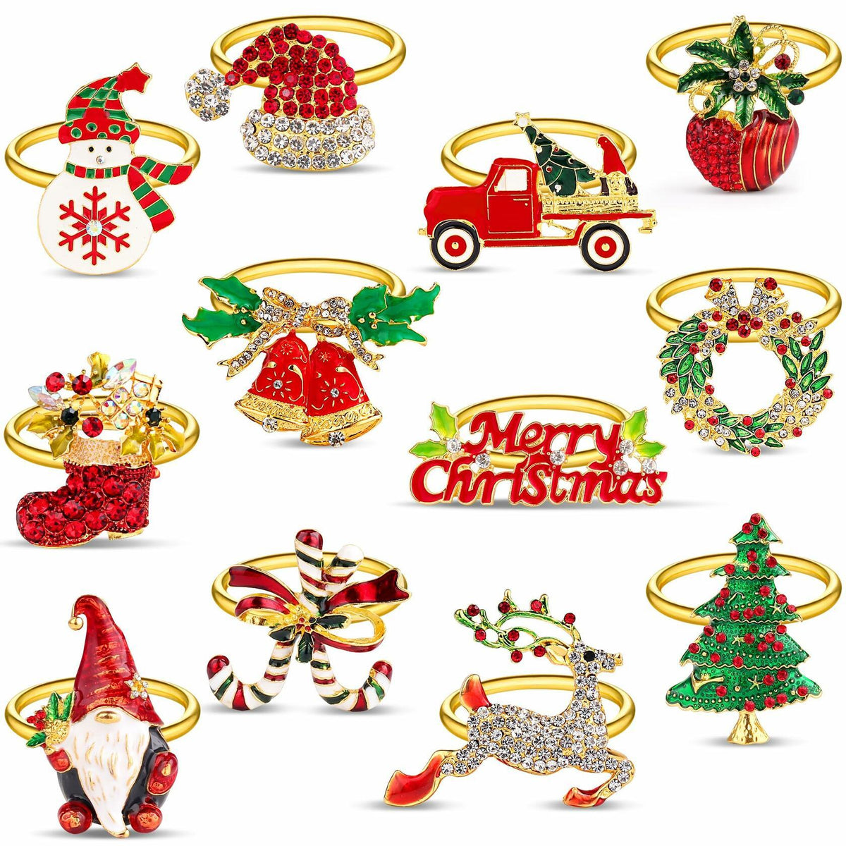 12 pack Gold Christmas Napkin Rings with Bling Various Christmas Napkin Holders