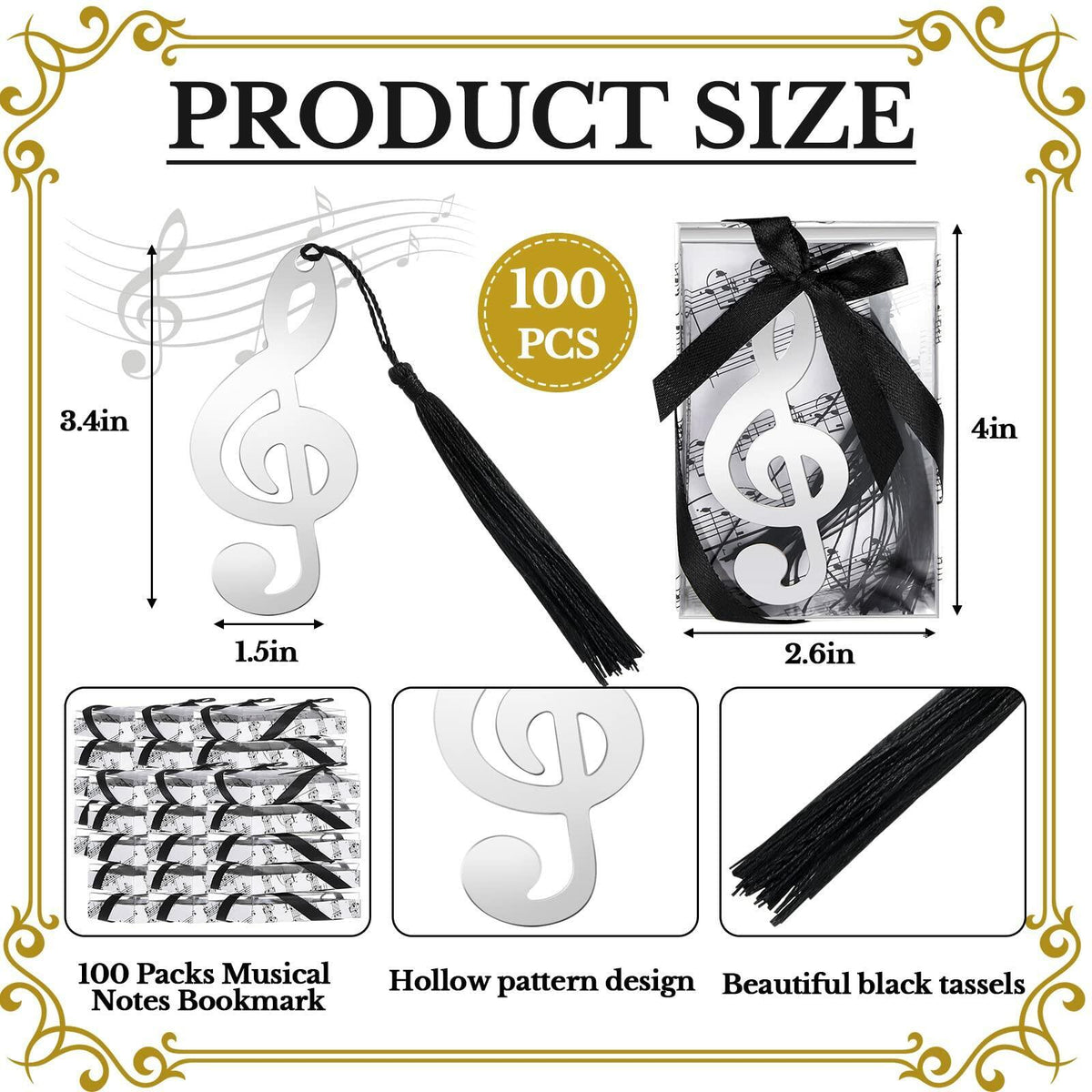 100 Pcs Musical Notes Bookmarks with Elegant Silk Tassel Music Party Favors Gift