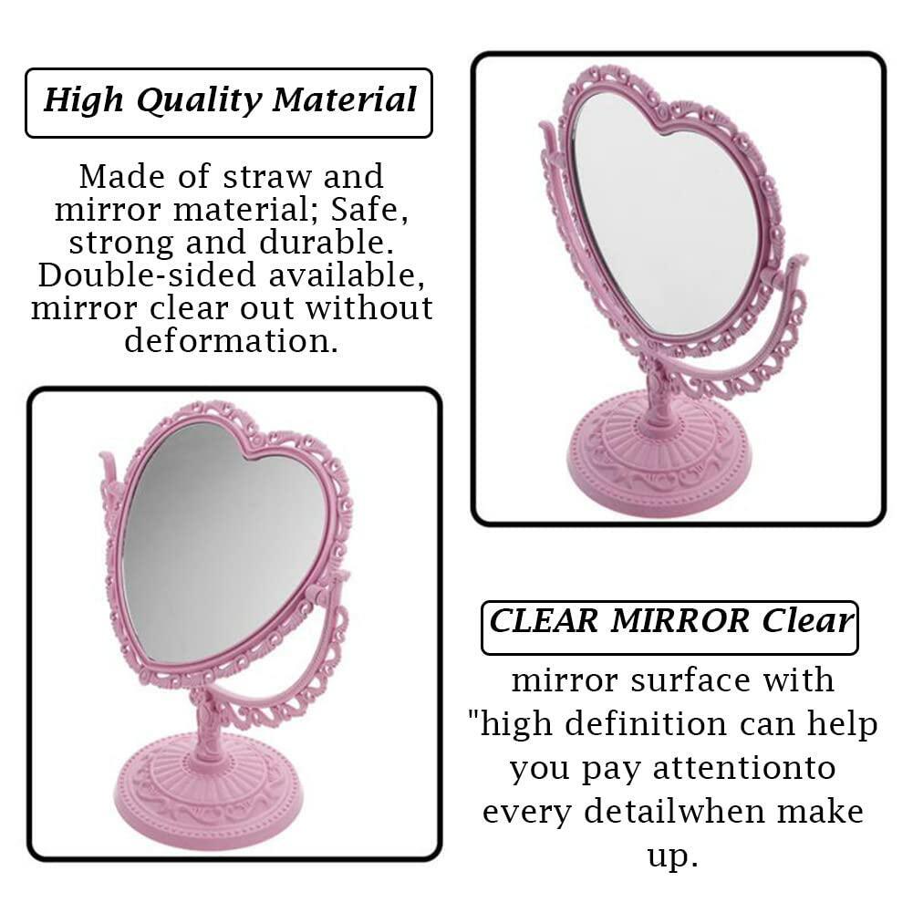 1 Pack Simple and Lovely Heart-Shaped Cosmetic Mirror Plastic Double-Sided Pink