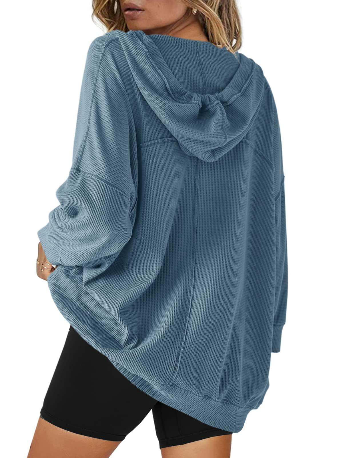 SENSERISE Women’s Oversized V Neck Hoodie Blue Waffle Knit Top Pockets Size M